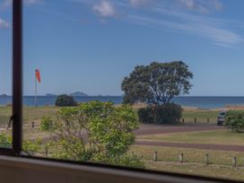 A view of the ocean and tree from a window at Pauanui