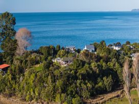 A view of houses and trees near the ocean at Quail Rise - Collingwood Holiday Home Parapara Beach