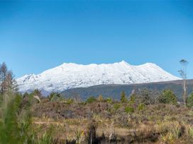 A snow-covered mountain with trees and bushes in the foreground at The Flax Cottage - National Park