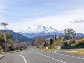 A view of a mountain with snow and houses along the road at Ohakune Holiday Home in Ohakune