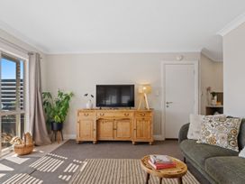 A living room with a television, sofa, and plant at Red Beach Retreat - Whangaparaoa Peninsula