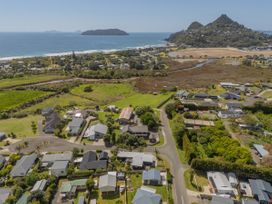 Aerial view of houses and landscape at Tairua Holiday Home in Tairua