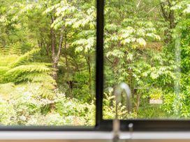 A view from a window showing trees and ferns at Stream-side Cottage - Driving Creek Coromandel