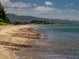 A beach with water and trees at Seabreeze Hideaway - Golden Bay Holiday Home Collingwood
