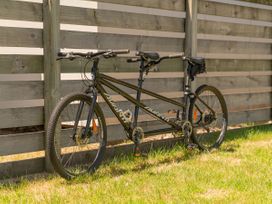 A tandem bike next to a wooden fence in an outdoor setting at Whitianga Holiday Home in Whitianga