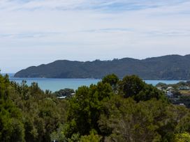 A view of ocean and hills with trees at Coopers Beach
