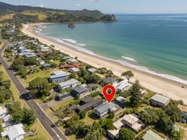 An aerial view of houses along a beach at Whangapoua