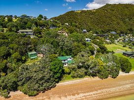 A coastal view of houses and trees near the beach at Parekura Bay Hikurangi