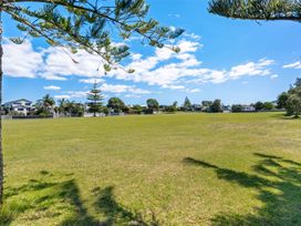 A grassy field with trees and houses in the background at Mount Maunganui