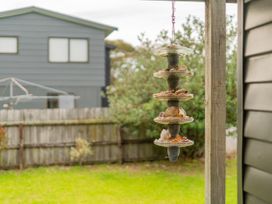 A bird feeder hanging with shells and stones at The Schieck Shack - Whitianga