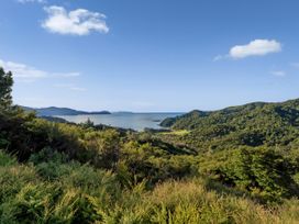 A coastal landscape with trees and mountains at Little Tui Ridge - Coromandel