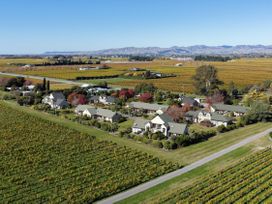 An aerial view of a vineyard and houses at Vineyard View - Blenheim Holiday Home Blenheim