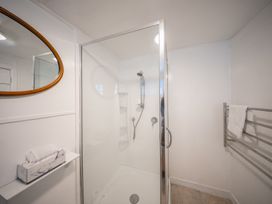 A bathroom with a shower and mirror at Dragon Fly Cottage - Te Anau