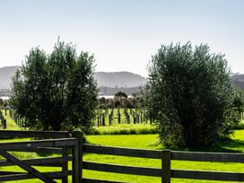 A vineyard with trees and mountains in the background at Mangawhai Holiday Home in Mangawhai