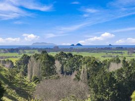 View of ocean and islands surrounded by trees at The Black Barn - Whakatane Holiday Home Whakatane