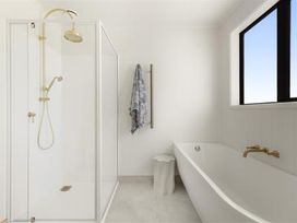 A bathroom with a shower and bathtub at Poolside on Moffat - Tauranga Holiday Home in Tauranga