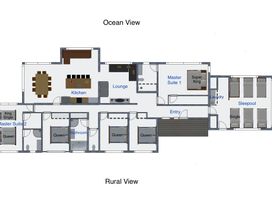 A floor plan showing rooms including kitchen and lounge at Waipu Hilltop Escape - Waipu Cove