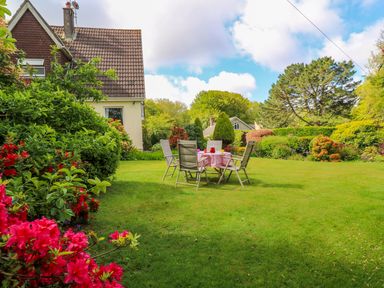 A garden with a table and chairs on the grass near a house surrounded by bushes and trees at Trevow in Camborne