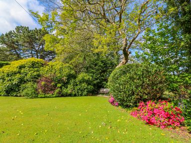 A garden with green grass bushes trees and a bench with flowers at Trevow in Camborne