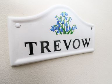 A white sign with bluebell flowers and the word Trevow on a wall at Trevow in Camborne