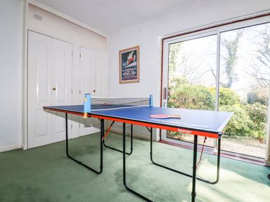 A room with a ping pong table and a framed poster on the wall with sliding glass doors showing a garden outside at Trevow in Camborne