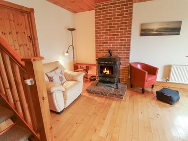 A living room with a white armchair a red armchair a wood burning stove and wooden staircase at Silver Birch in Dromelihy Cooraclare County Clare