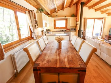A wooden dining table with six cream chairs and a vase in a kitchen and living room area at Jemima Lodge in Tattershall