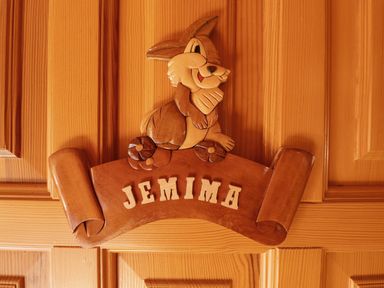 A wooden door with a carved wooden sign of a rabbit and the name Jemima at Jemima Lodge in Tattershall