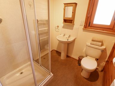 A bathroom with a shower enclosure sink toilet towel holder and window at Jemima Lodge in Tattershall