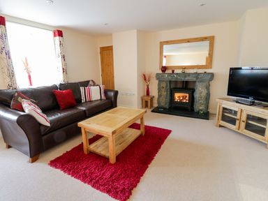 A living room with a brown leather sofa a wooden coffee table on a red rug a stone fireplace and a TV on a wooden stand at Tyn Y Buarth in Dyffryn Ardudwy