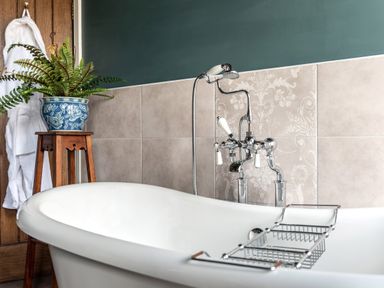 A bathtub with a chrome faucet and a plant on a wooden stool next to it in a bathroom at Sykes Lodge in Malton