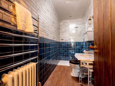 A bathroom with a towel rack radiator a toilet a sink and a shower with blue and white tiled walls at Sykes Lodge in Malton
