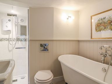 A bathroom with a freestanding bathtub toilet and glass shower enclosure at Rookwood in Drewsteignton