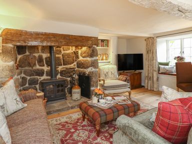 A living room with a stone fireplace wood stove plaid ottoman sofas and armchair at Rookwood in Drewsteignton