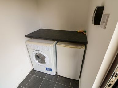 A utility room with a washing machine and a small refrigerator under a black countertop at Daffodil Lodge in Saltburn-by-the-Sea