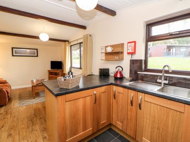 A kitchen with wooden cabinets a black countertop a sink and a window looking outside with a living room area in the background at Daffodil Lodge Saltburn-by-the-Sea