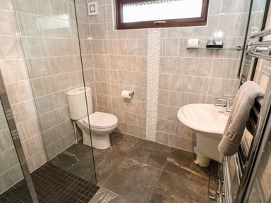 A bathroom with a toilet sink glass shower screen and a towel on a heated rail at Daffodil Lodge in Saltburn-by-the-Sea