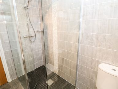A bathroom with a glass-enclosed shower and a toilet at Daffodil Lodge in Saltburn-by-the-Sea