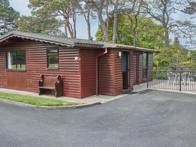 A wooden lodge with a bench outside at Daffodil Lodge in Saltburn-by-the-Sea