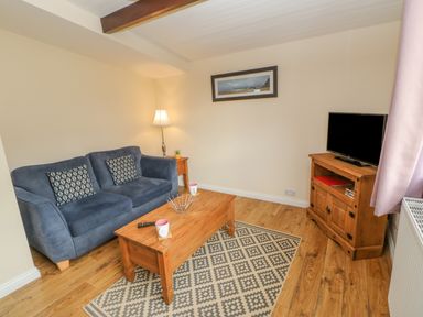 A living room with a blue sofa two patterned cushions wooden coffee table wooden tv stand and a floor lamp at Orchid Lodge in Saltburn-by-the-Sea