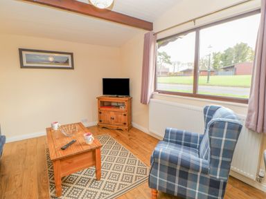 A living room with a wooden coffee table two mugs a TV on a wooden stand a blue plaid armchair and a large window at Orchid Lodge in Saltburn-by-the-Sea
