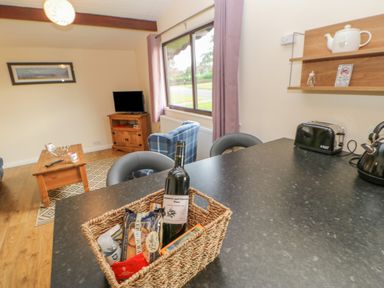 A kitchen counter with a basket containing a wine bottle and snacks in a living room with a wooden coffee table blue armchair and a TV on a wooden stand at Orchid Lodge in Saltburn-by-the-Sea