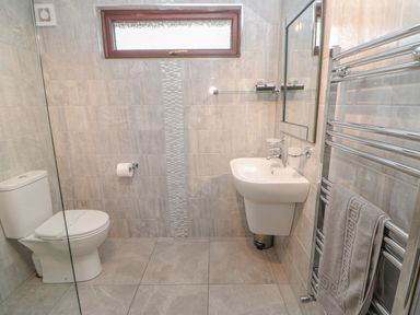 A bathroom with a toilet sink mirror towel rail and a small window at Orchid Lodge in Saltburn-by-the-Sea