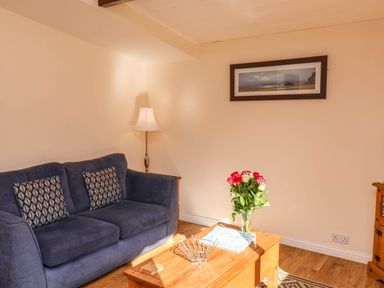 A living room with a sofa, lamp, and coffee table at Orchid Lodge in Saltburn-by-the-Sea
