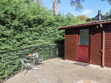 A table with chairs beside a cabin at Orchid Lodge Saltburn-by-the-Sea
