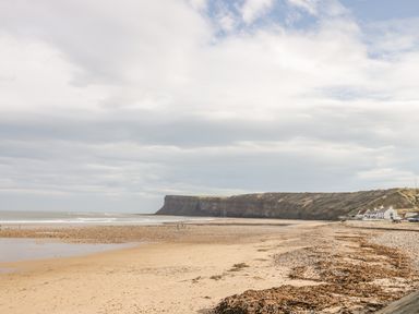 A sandy beach with seaweed scattered along the shore and cliffs in the distance at Foxglove Lodge in Saltburn-By-The-Sea