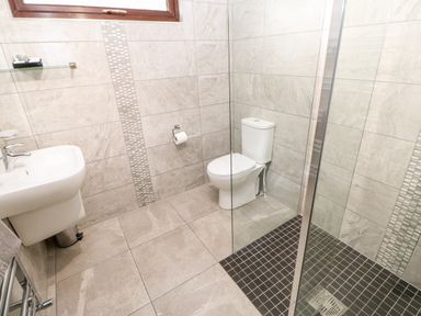 A bathroom with a white toilet sink towel rack and glass-enclosed shower at Foxglove Lodge in Saltburn-By-The-Sea