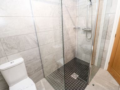 A bathroom with a toilet and a walk in shower with glass enclosure at Foxglove Lodge in Saltburn-By-The-Sea