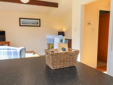 A living room with a basket of magazines on a table at Foxglove Lodge in Saltburn-By-The-Sea