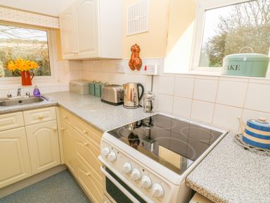 A kitchen with a stove, countertop with toaster, kettle, French press, sink, canisters, and windows at Higher Lampra in Mullion
